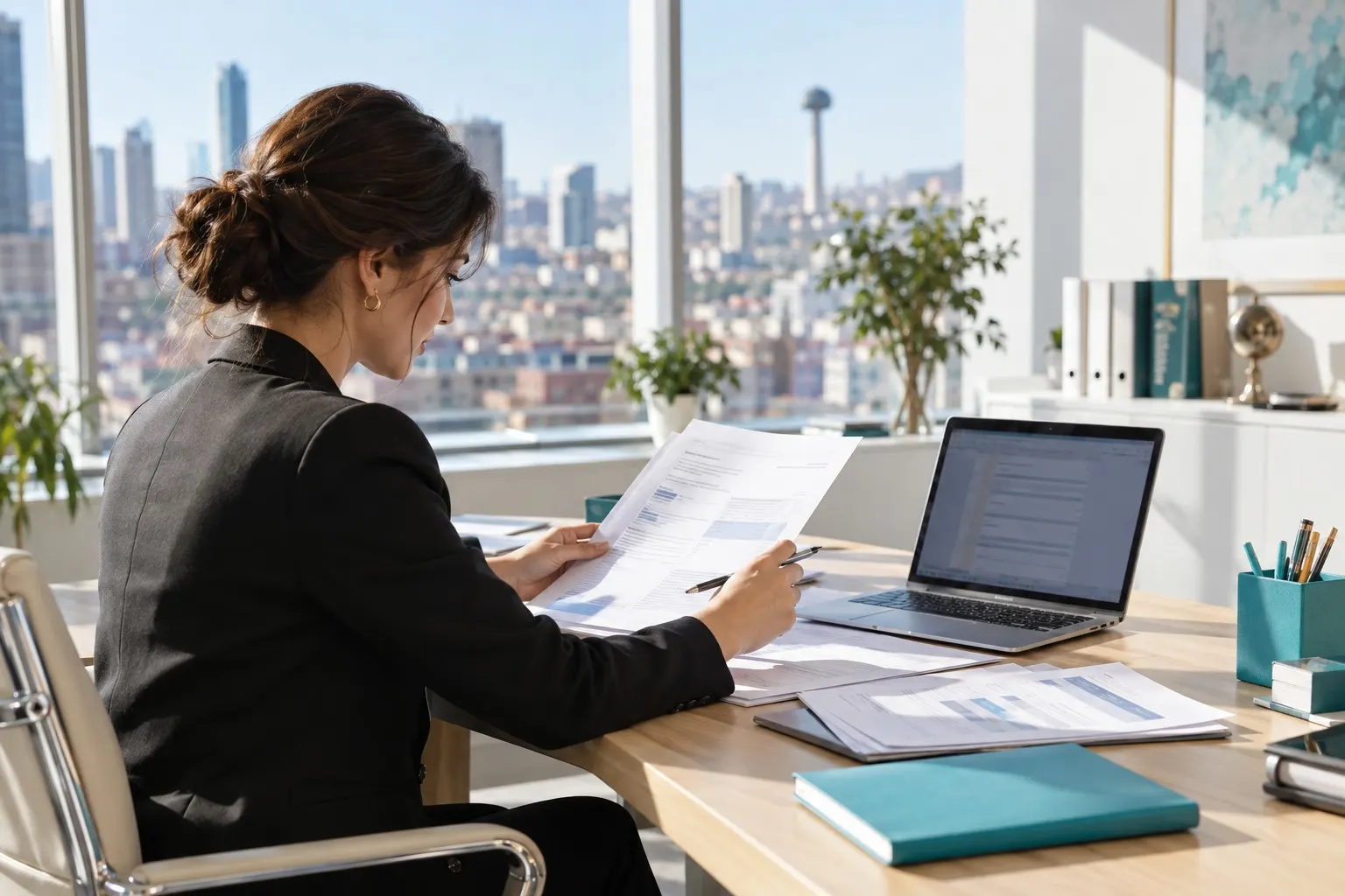 Illustrative company records research in a bright office