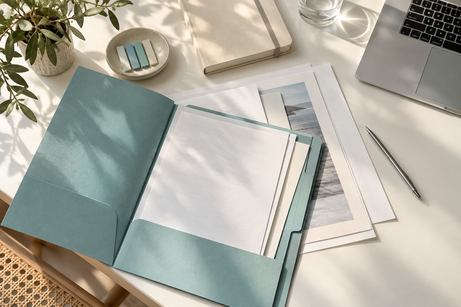 Illustrative organised documents and turquoise folder