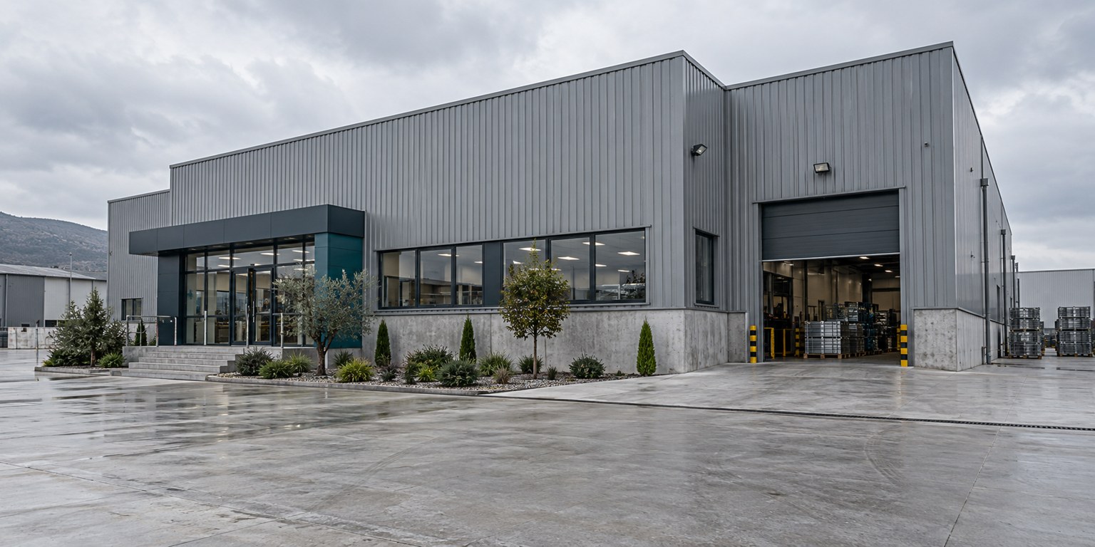 Illustrative modern factory exterior