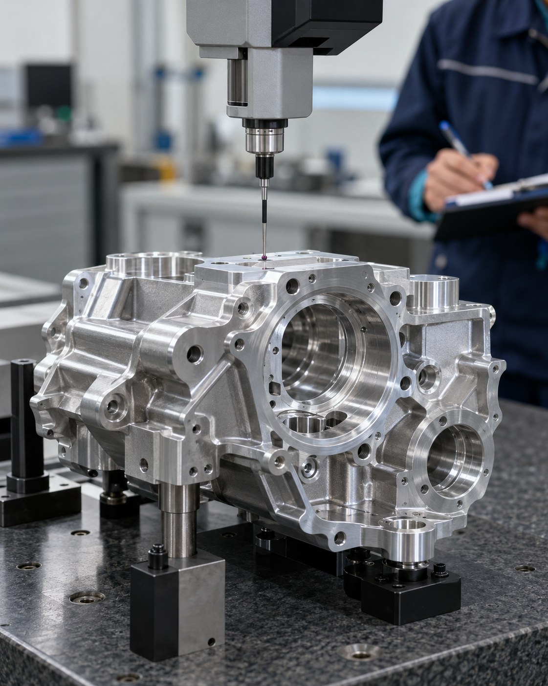 Illustrative precision component on a quality review bench